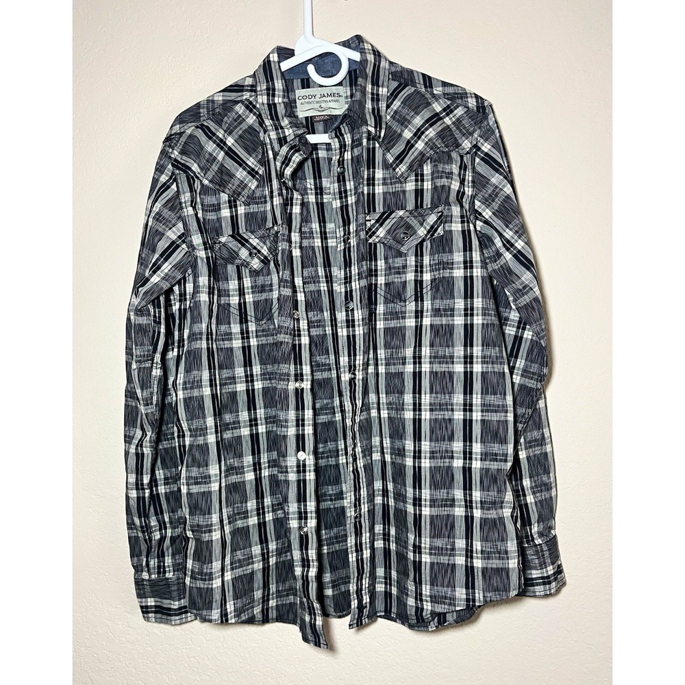 Cody James S Black White Gray Plaid Cotton Woven Western Pockets LS Shirt